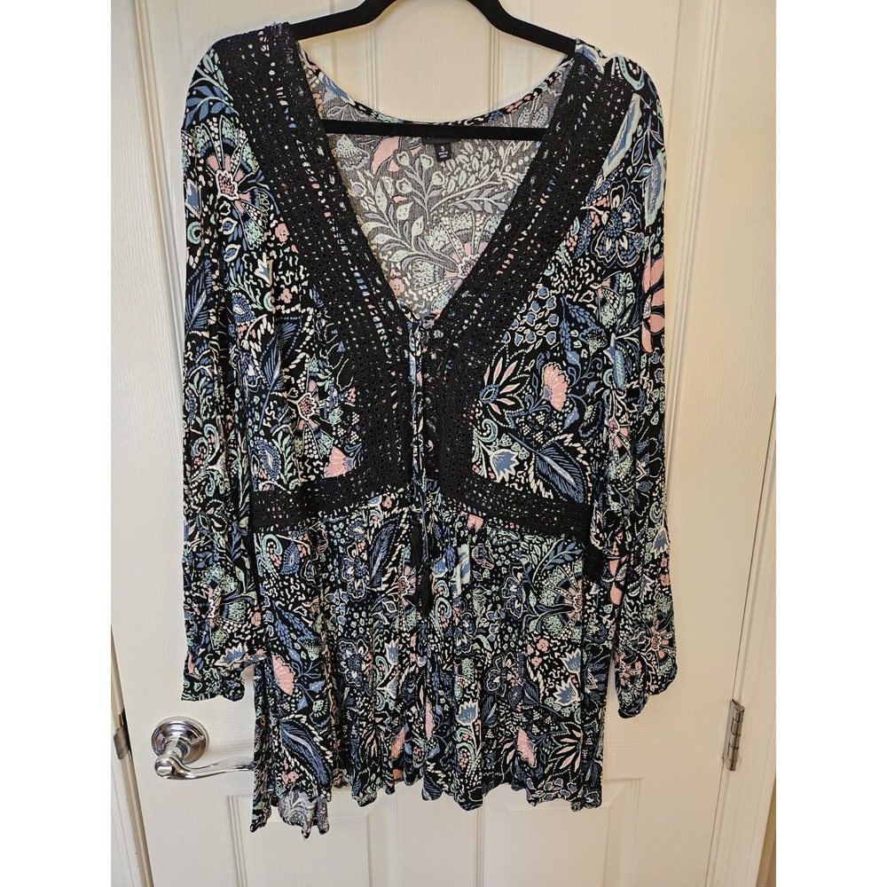 Torrid Black Lace-Up Tassels V-Neck Floral Gauzy Long Sleeve Top, Plus 5X